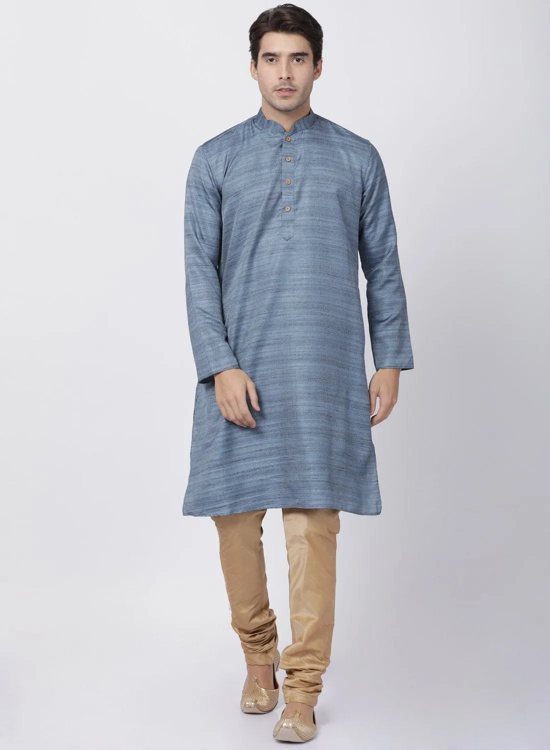 VASTRAMAY Men's Grey Cotton Silk Blend Kurta and Pyjama Set