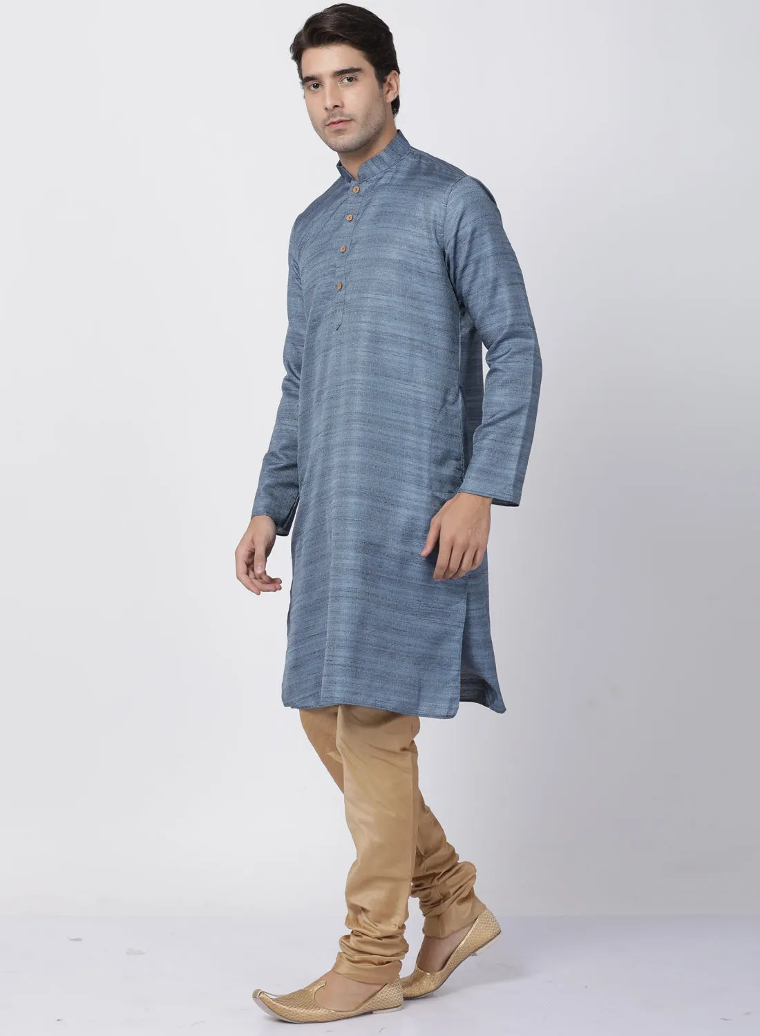 VASTRAMAY Men's Grey Cotton Silk Blend Kurta and Pyjama Set