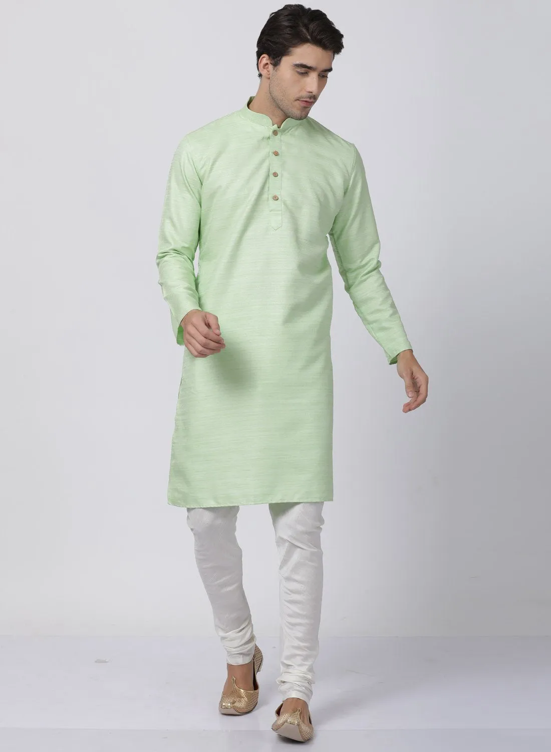 VASTRAMAY Men's Light Green Cotton Silk Blend Kurta and Pyjama Set