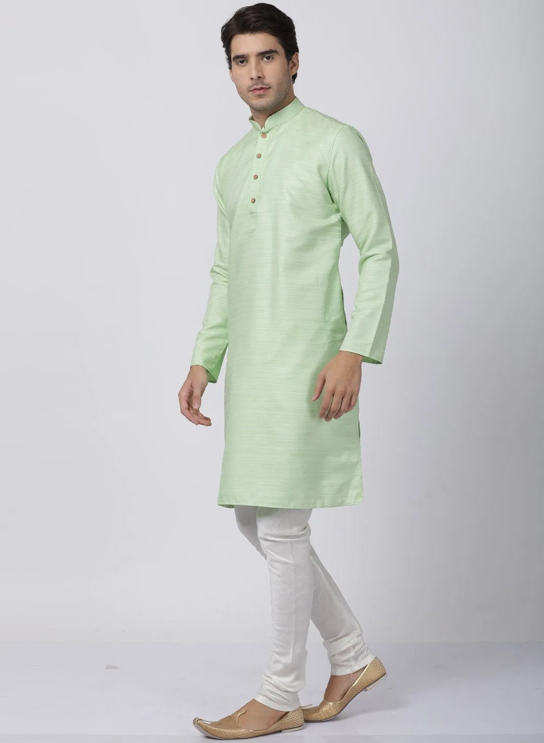 VASTRAMAY Men's Light Green Cotton Silk Blend Kurta and Pyjama Set