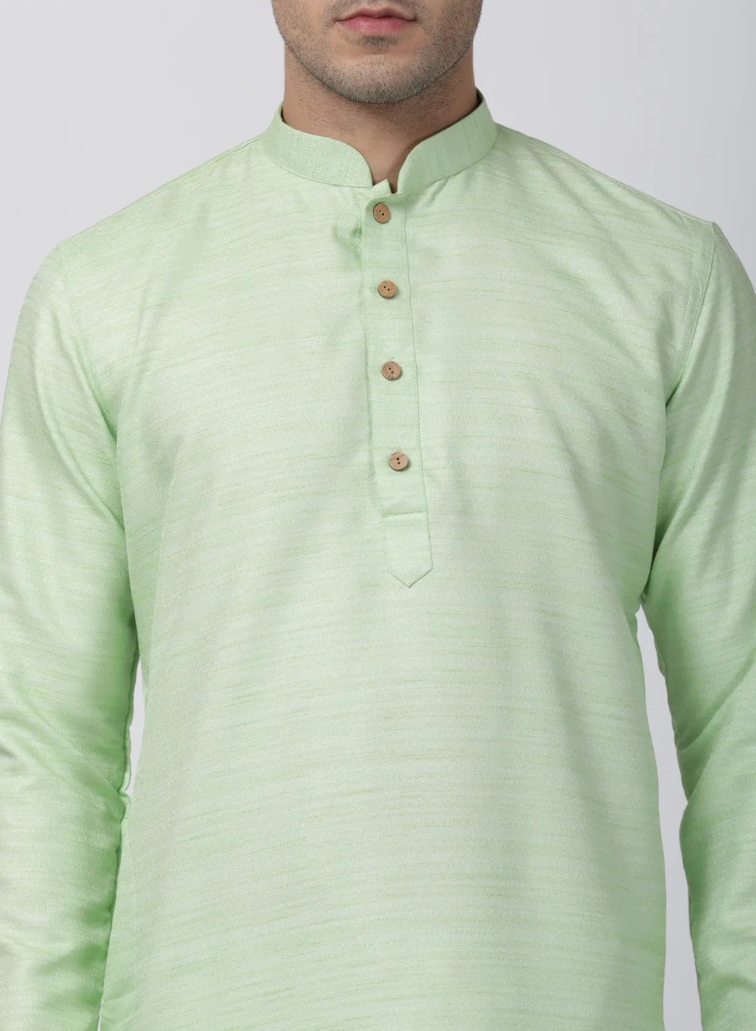 VASTRAMAY Men's Light Green Cotton Silk Blend Kurta and Pyjama Set