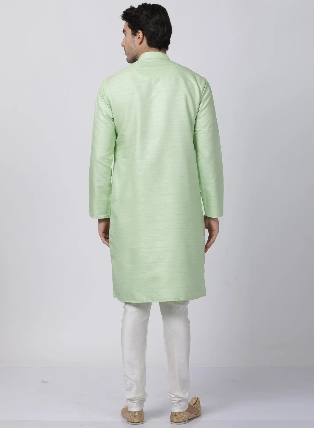 VASTRAMAY Men's Light Green Cotton Silk Blend Kurta and Pyjama Set