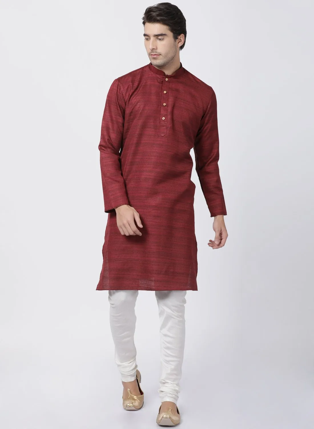 VASTRAMAY Men's Maroon Cotton Silk Blend Kurta and Pyjama Set