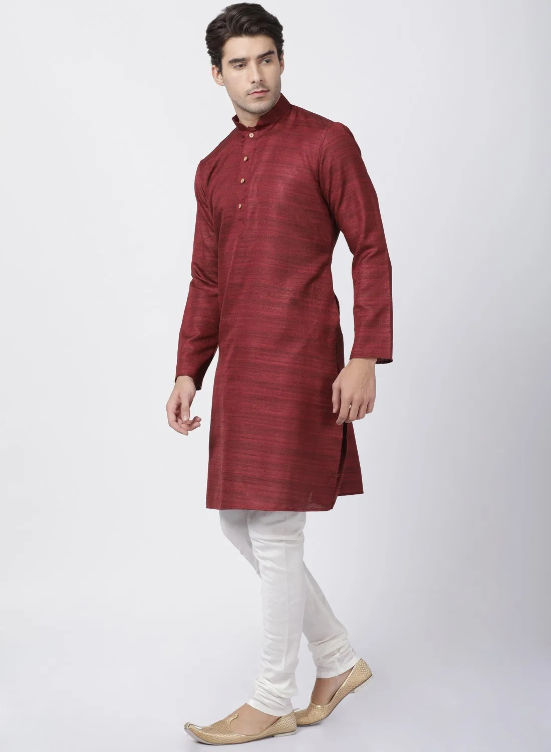 VASTRAMAY Men's Maroon Cotton Silk Blend Kurta and Pyjama Set