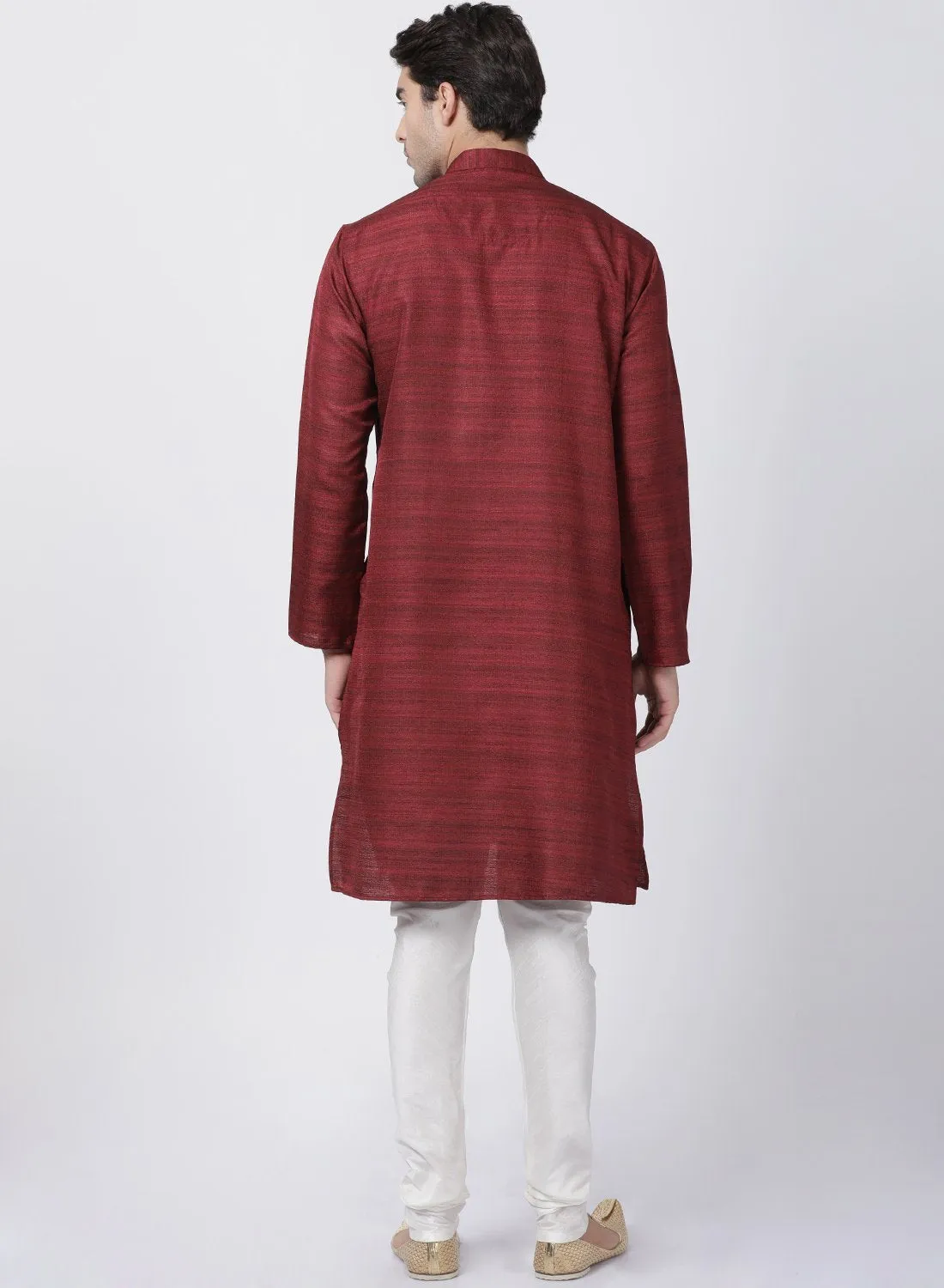 VASTRAMAY Men's Maroon Cotton Silk Blend Kurta and Pyjama Set