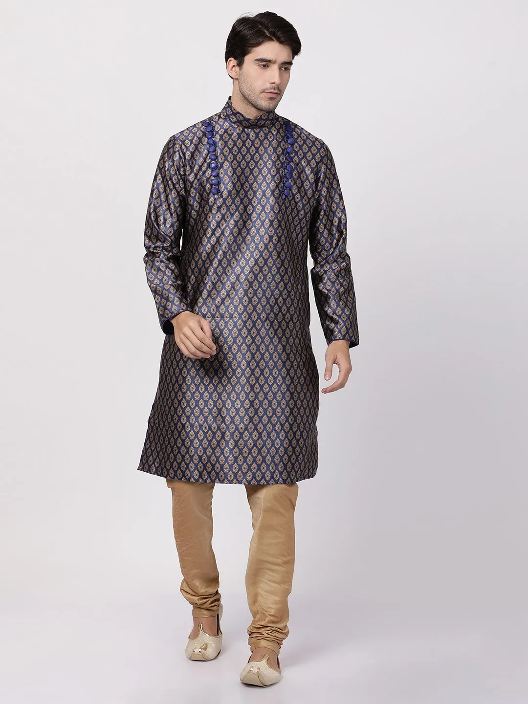 VASTRAMAY Men's Navy Blue Cotton Silk Blend Kurta and Churidar Set