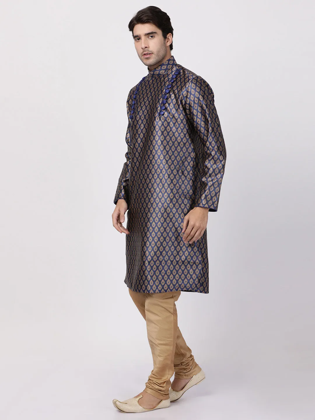 VASTRAMAY Men's Navy Blue Cotton Silk Blend Kurta and Churidar Set