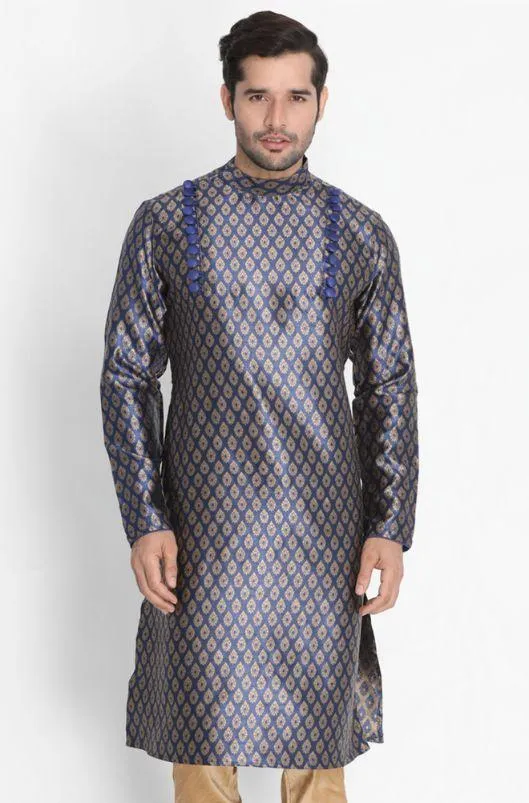 VASTRAMAY Men's Navy Blue Cotton Silk Blend Kurta