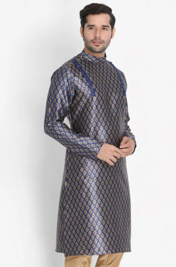 VASTRAMAY Men's Navy Blue Cotton Silk Blend Kurta