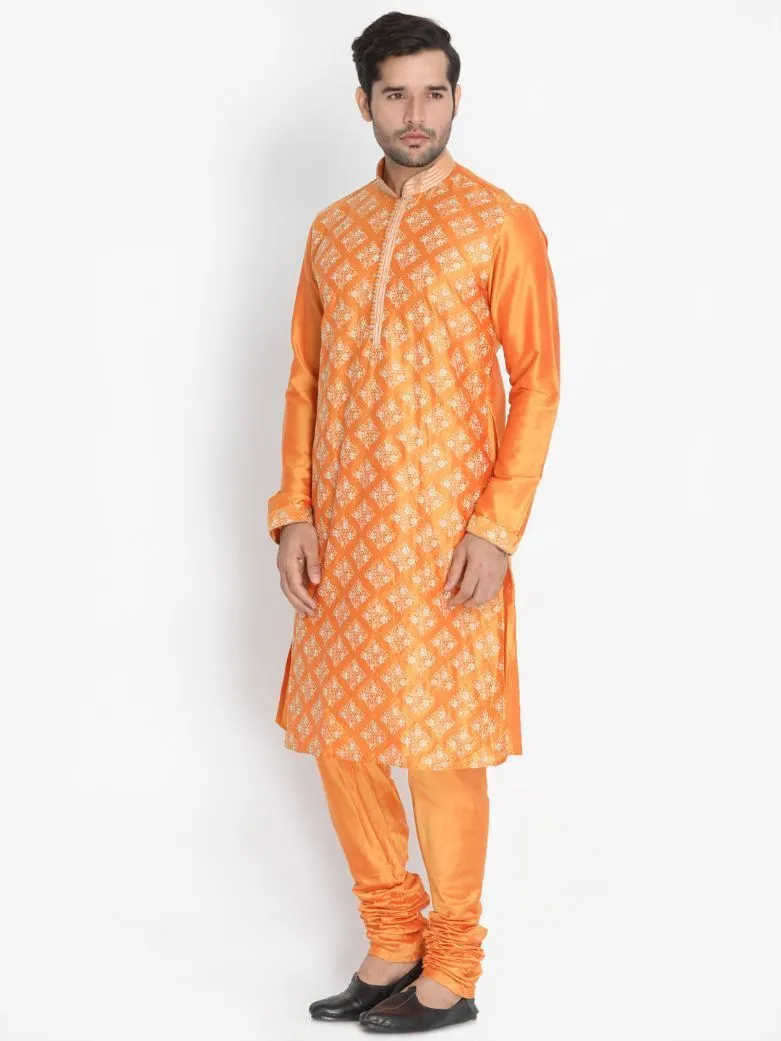 VASTRAMAY Men's Orange Cotton Silk Blend Kurta and Churidar Set