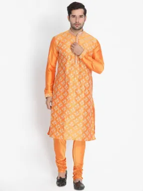 VASTRAMAY Men's Orange Cotton Silk Blend Kurta and Churidar Set