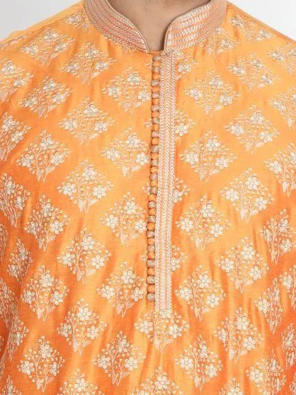 VASTRAMAY Men's Orange Cotton Silk Blend Kurta and Churidar Set