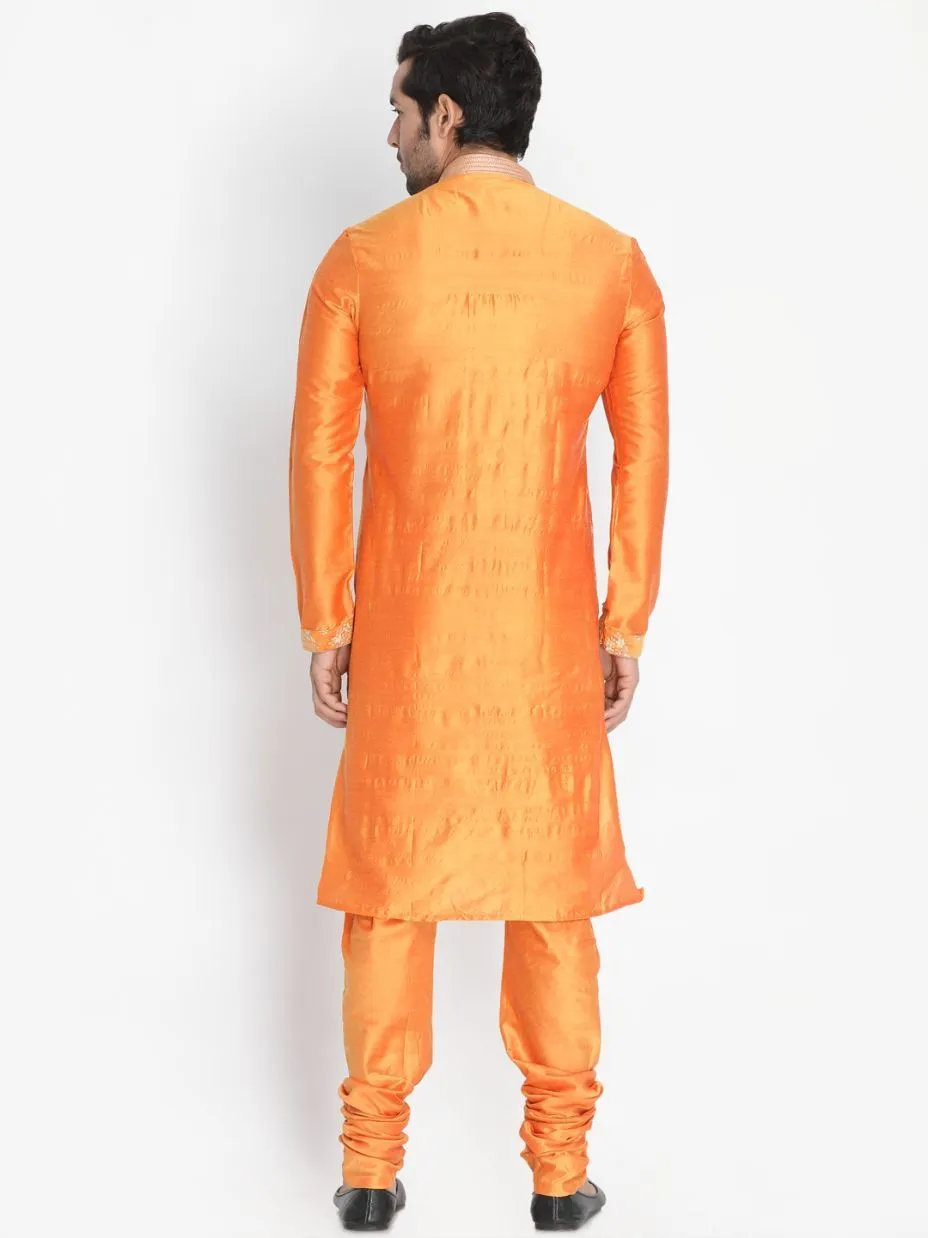 VASTRAMAY Men's Orange Cotton Silk Blend Kurta and Churidar Set