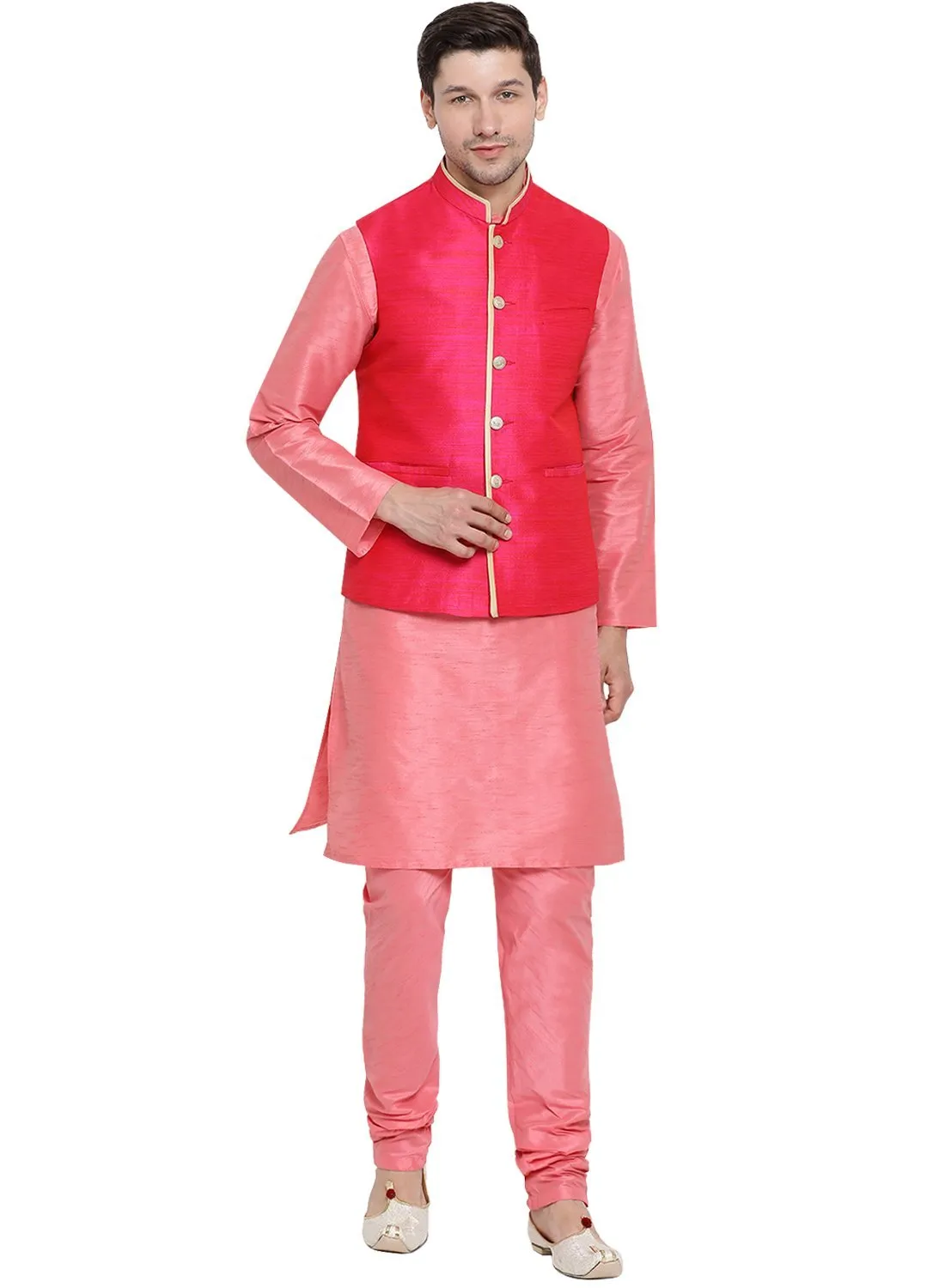 VASTRAMAY Men's Pink Cotton Silk Blend Kurta, Ethnic Jacket and Pyjama Set