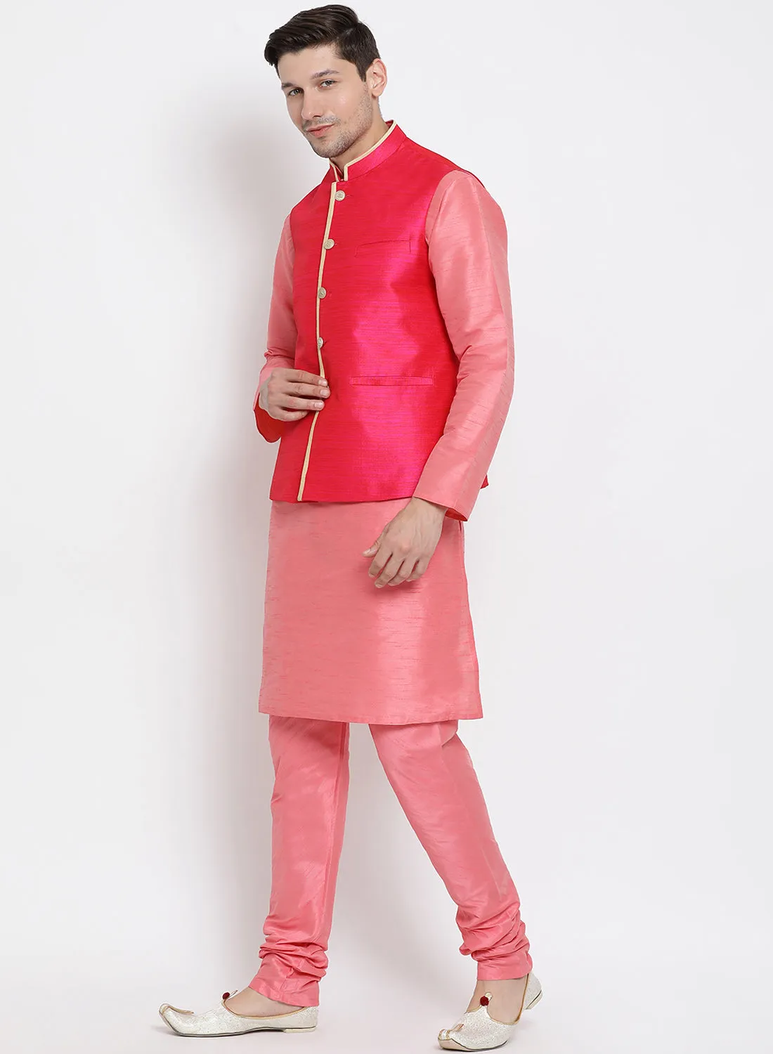 VASTRAMAY Men's Pink Cotton Silk Blend Kurta, Ethnic Jacket and Pyjama Set