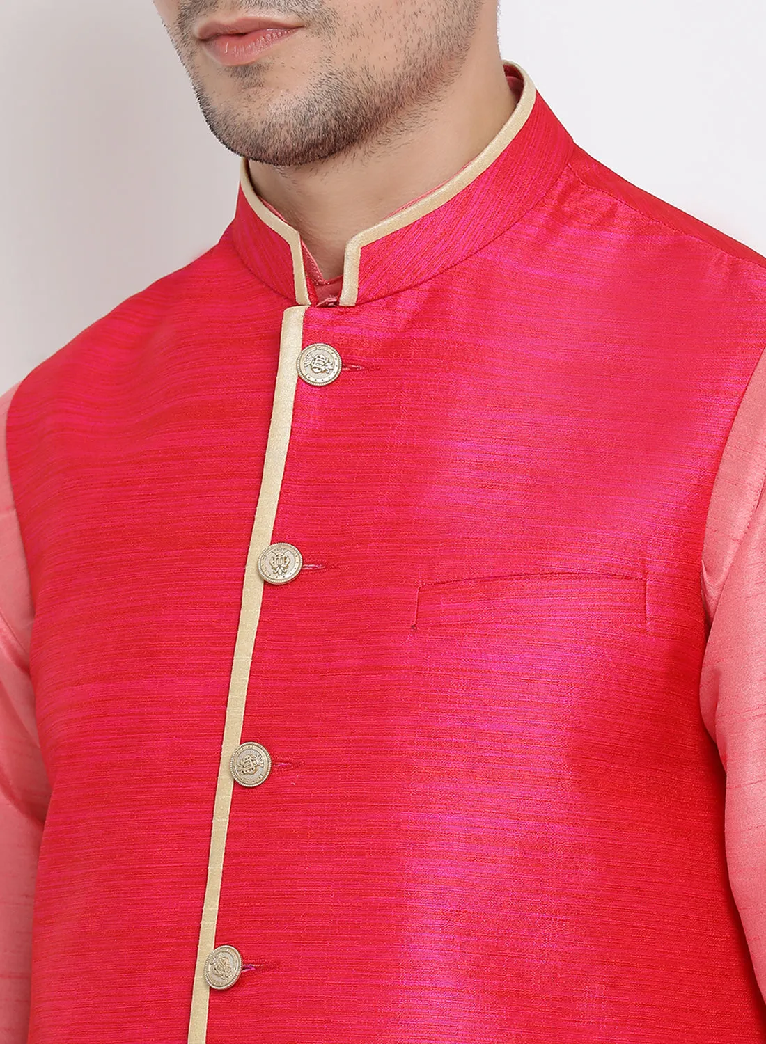 VASTRAMAY Men's Pink Cotton Silk Blend Kurta, Ethnic Jacket and Pyjama Set