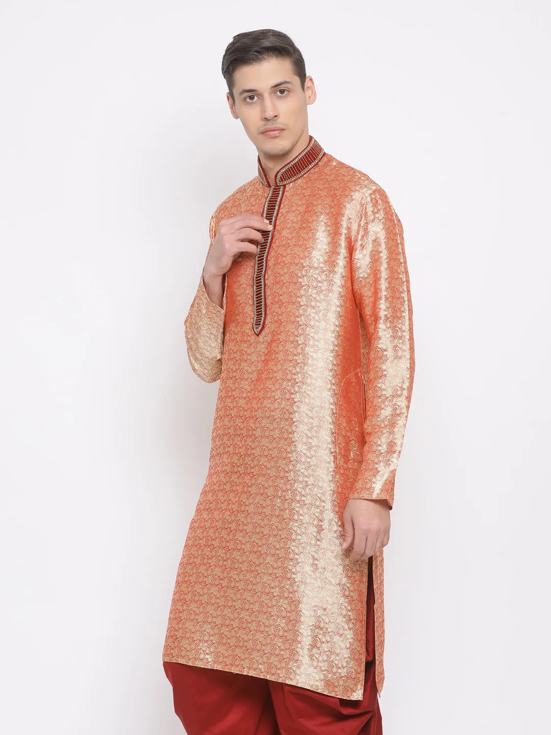 VASTRAMAY Men's Pink Cotton Silk Blend Kurta