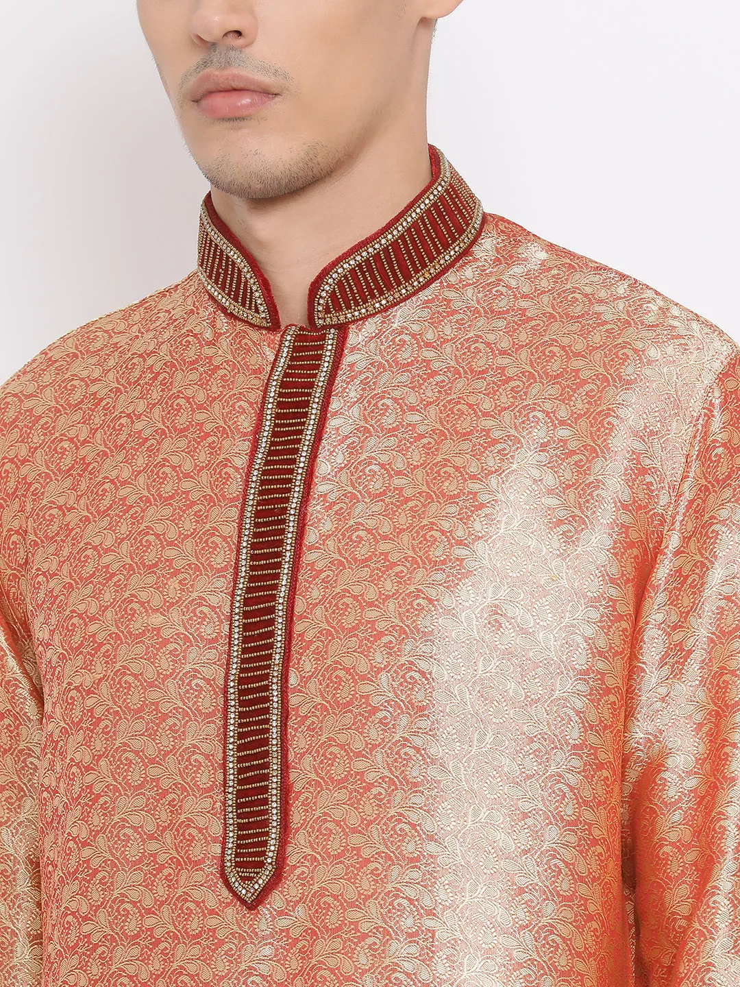 VASTRAMAY Men's Pink Cotton Silk Blend Kurta