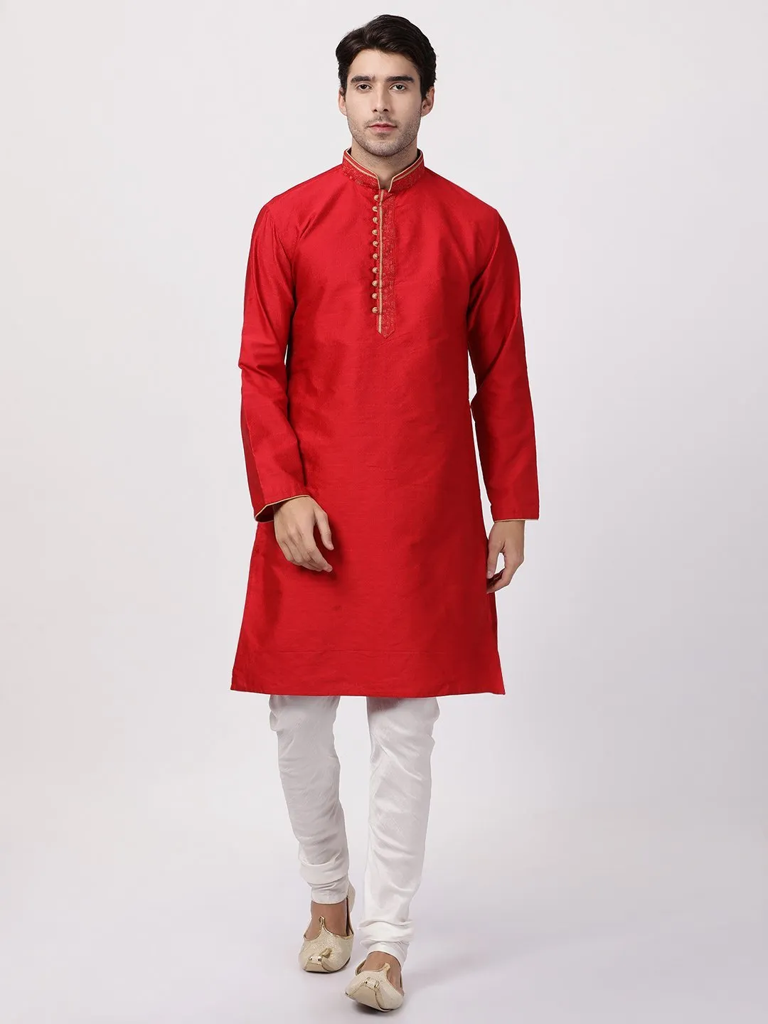 VASTRAMAY Men's Red Cotton Silk Blend Kurta and Churidar Set