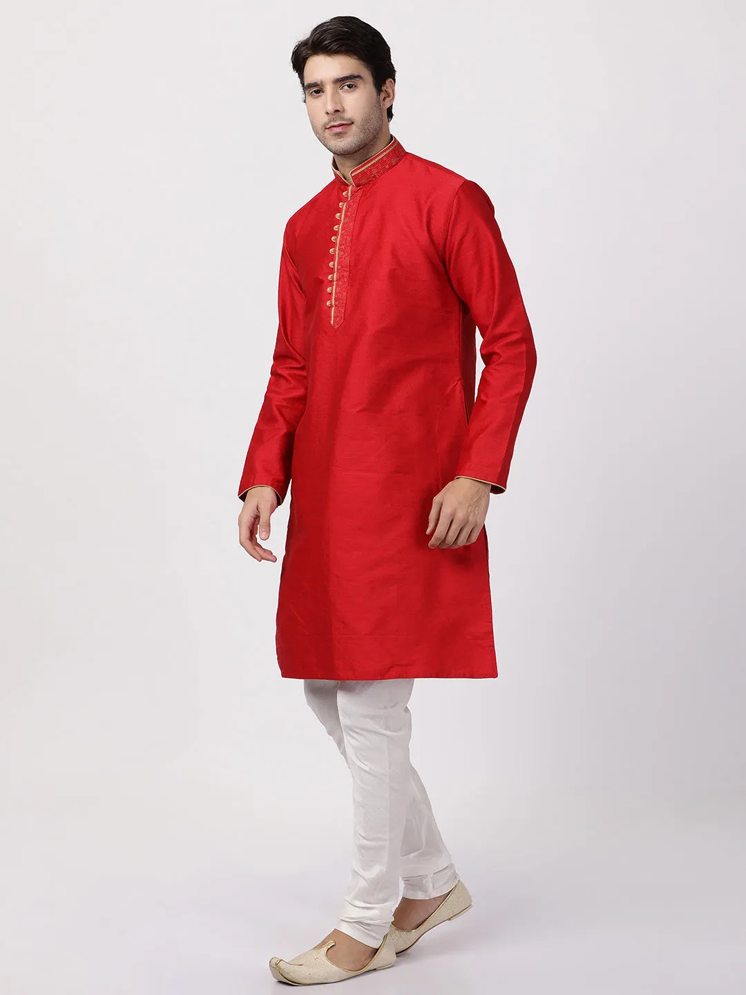 VASTRAMAY Men's Red Cotton Silk Blend Kurta and Churidar Set