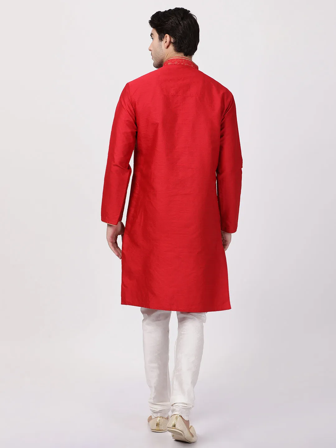 VASTRAMAY Men's Red Cotton Silk Blend Kurta and Churidar Set