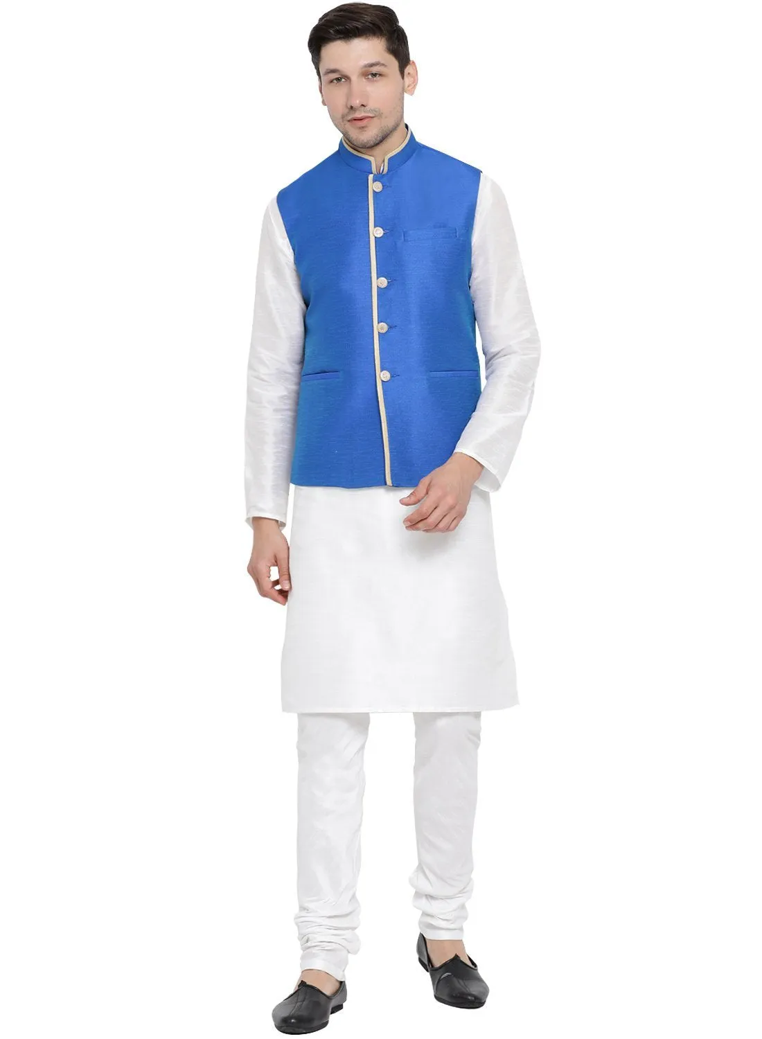 VASTRAMAY Men's White Cotton Silk Blend Kurta, Ethnic Jacket and Pyjama Set