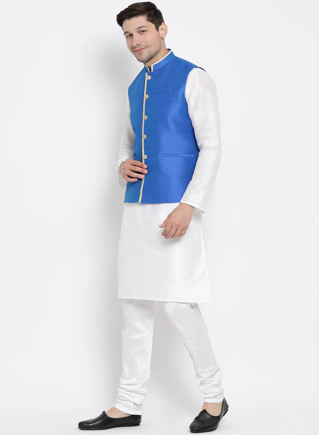 VASTRAMAY Men's White Cotton Silk Blend Kurta, Ethnic Jacket and Pyjama Set