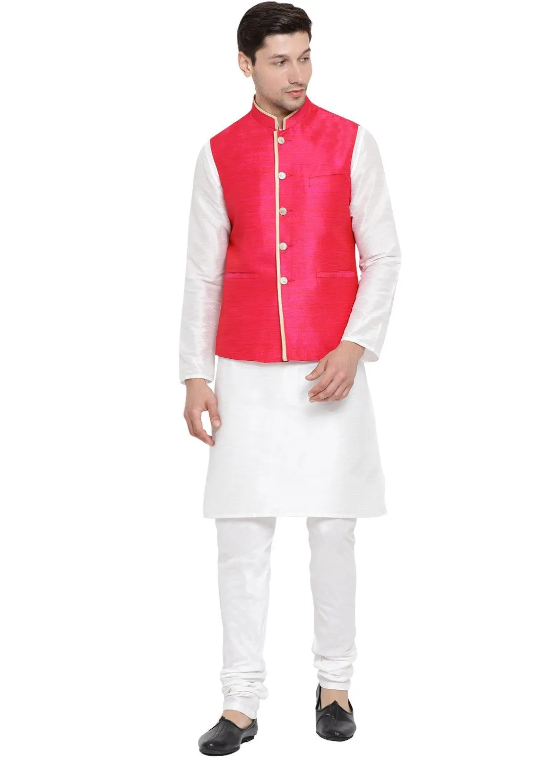 VASTRAMAY Men's White Cotton Silk Blend Kurta, Pink Ethnic Jacket and Pyjama Set