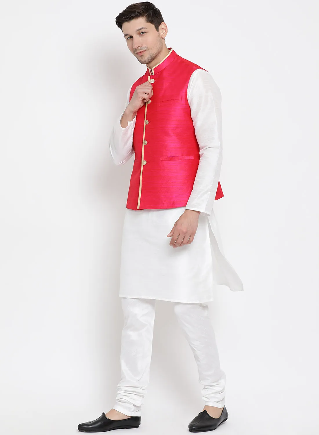 VASTRAMAY Men's White Cotton Silk Blend Kurta, Pink Ethnic Jacket and Pyjama Set