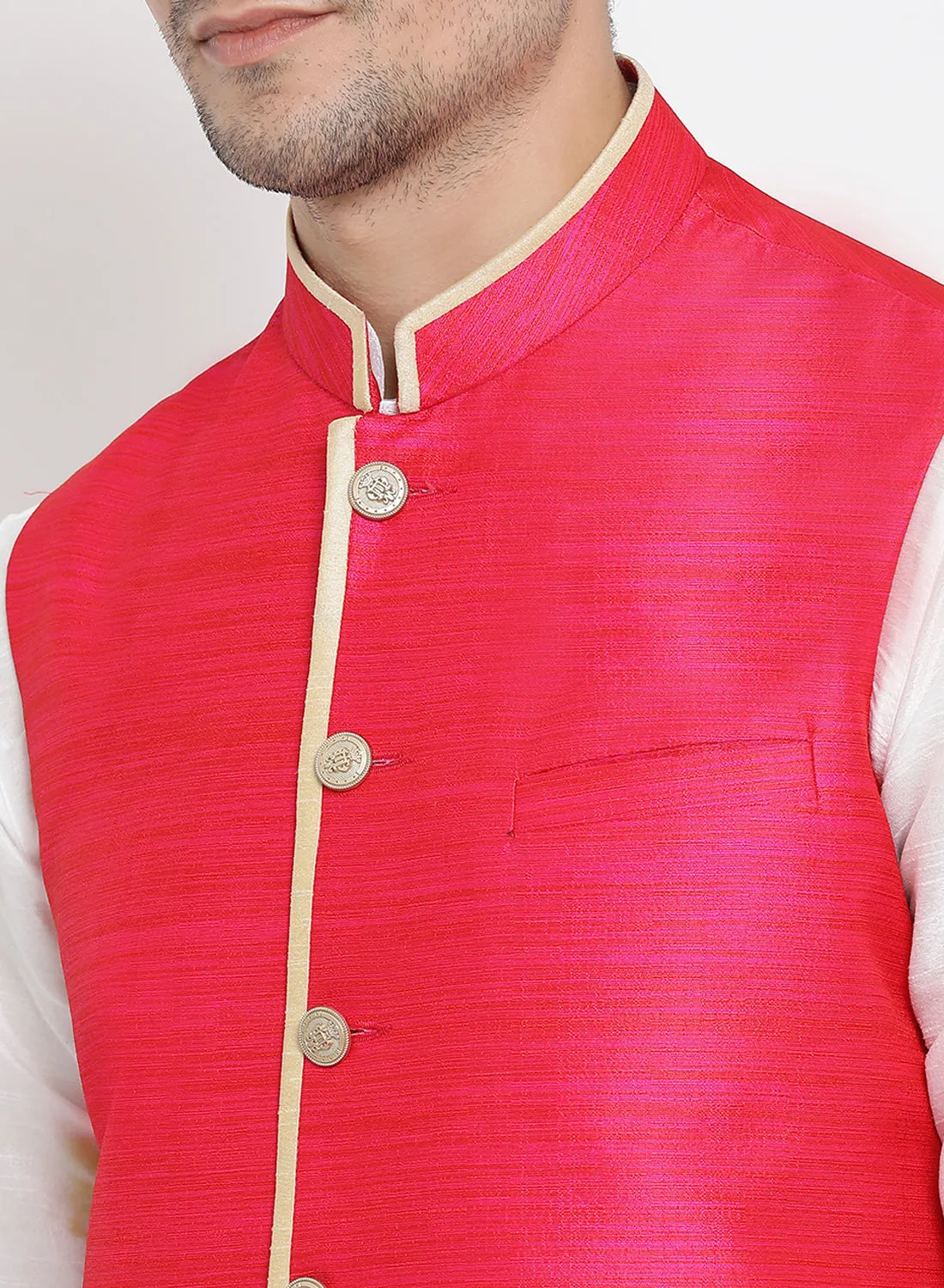 VASTRAMAY Men's White Cotton Silk Blend Kurta, Pink Ethnic Jacket and Pyjama Set