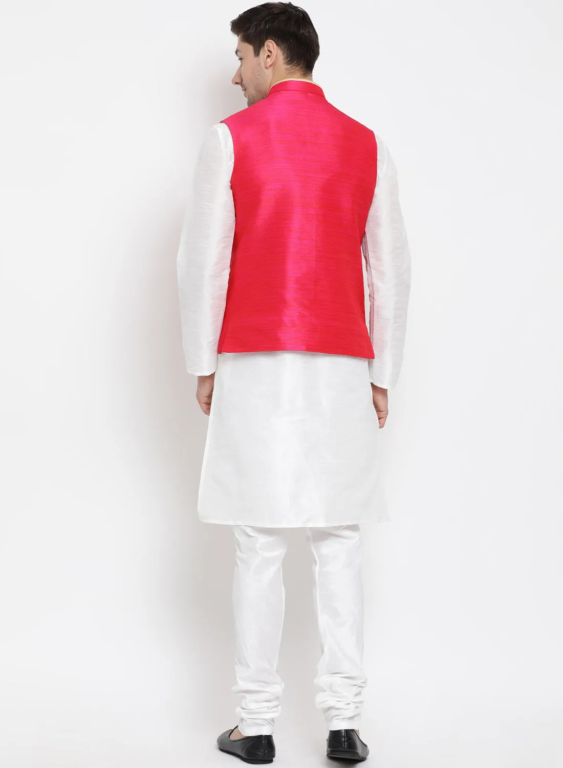 VASTRAMAY Men's White Cotton Silk Blend Kurta, Pink Ethnic Jacket and Pyjama Set