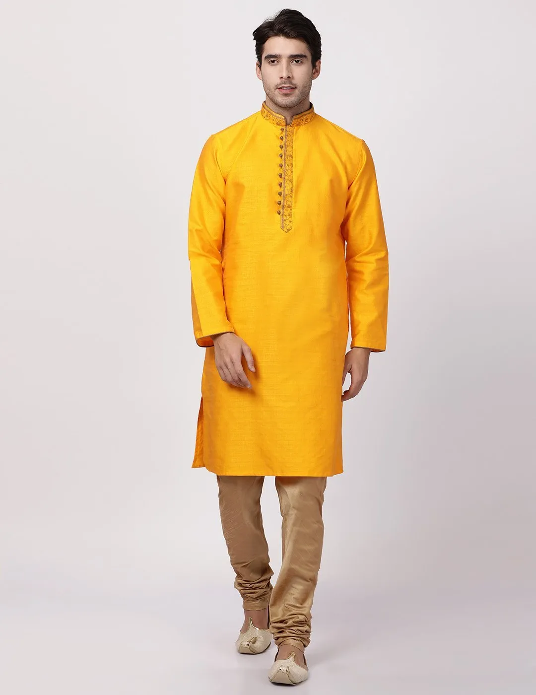 VASTRAMAY Men's Yellow Cotton Silk Blend Kurta and Churidar Set