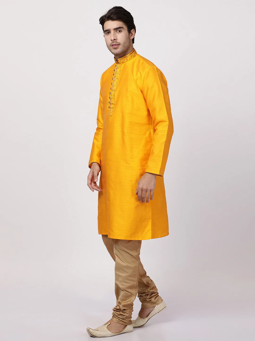 VASTRAMAY Men's Yellow Cotton Silk Blend Kurta and Churidar Set