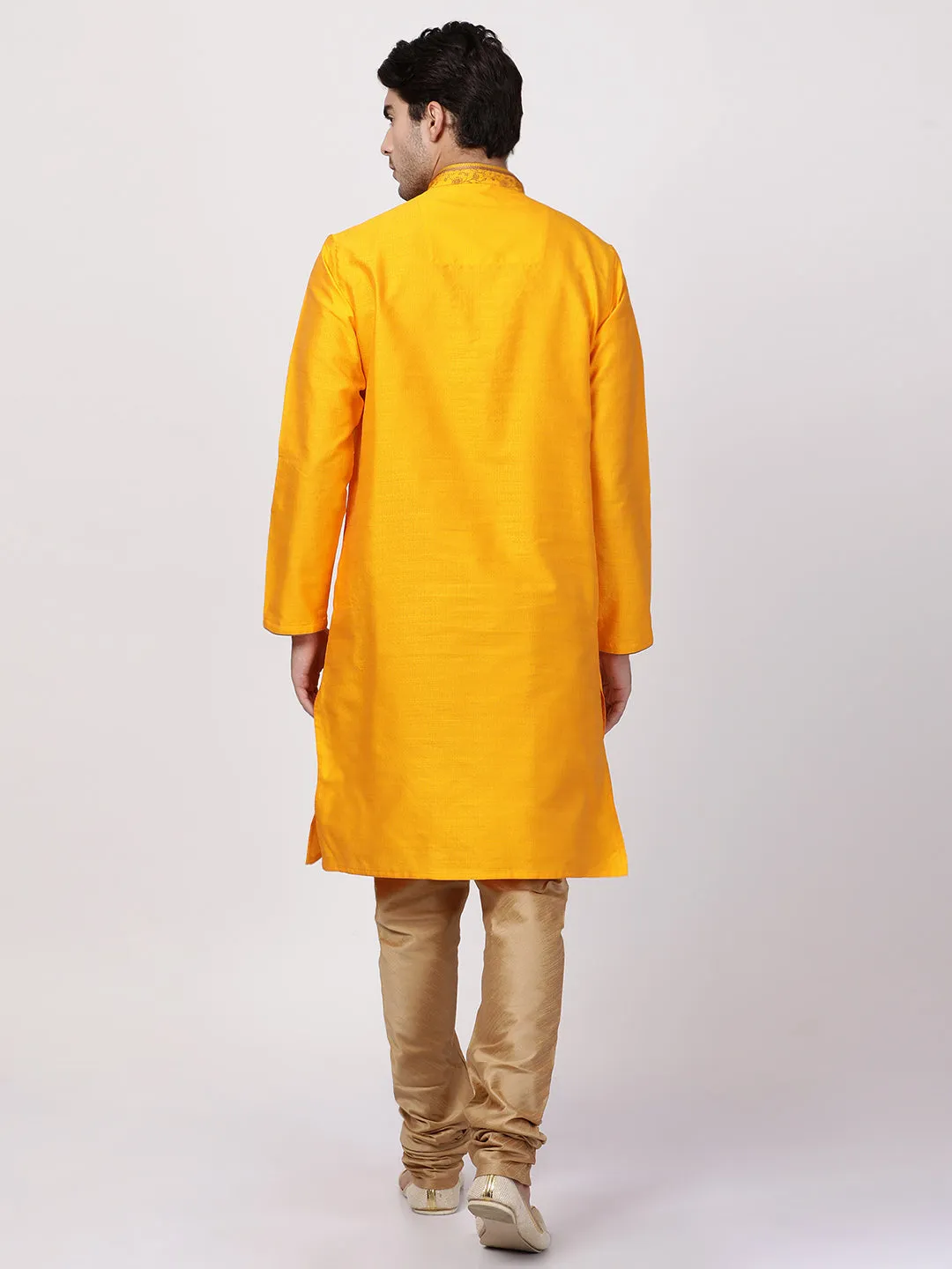 VASTRAMAY Men's Yellow Cotton Silk Blend Kurta and Churidar Set