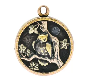 Victorian 14 Karat Gold Mixed Metal Shakudo Rooster Owl Pendant Charm