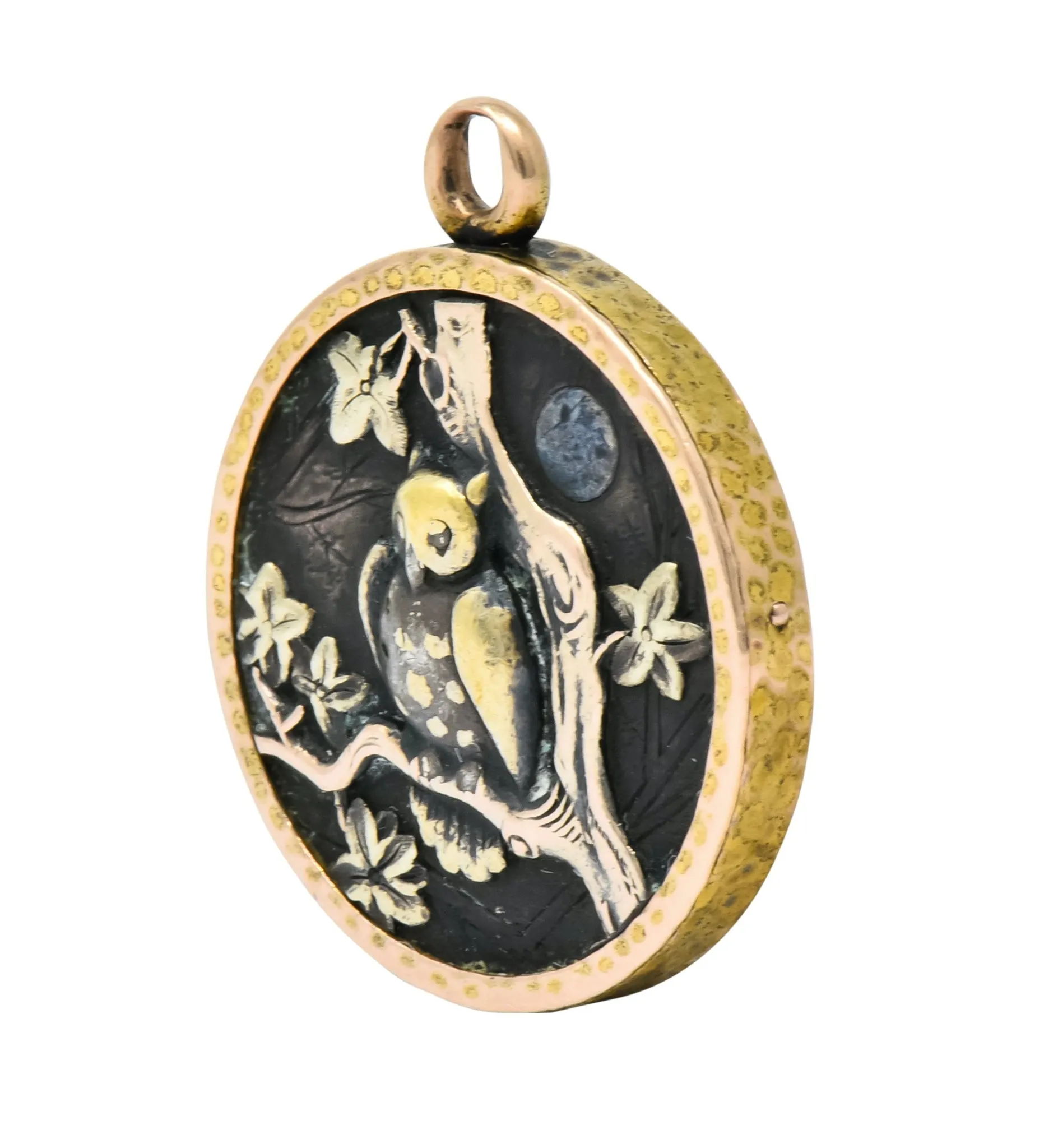 Victorian 14 Karat Gold Mixed Metal Shakudo Rooster Owl Pendant Charm