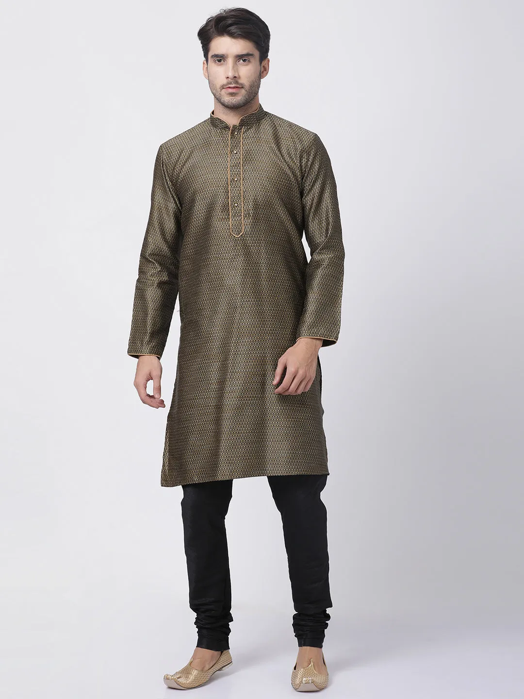 VM By VASTRAMAY Men's Black Cotton Silk Blend Kurta and Pyjama Set