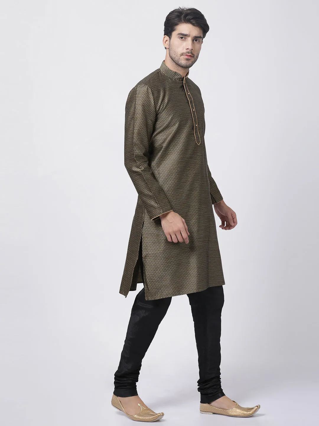 VM By VASTRAMAY Men's Black Cotton Silk Blend Kurta and Pyjama Set