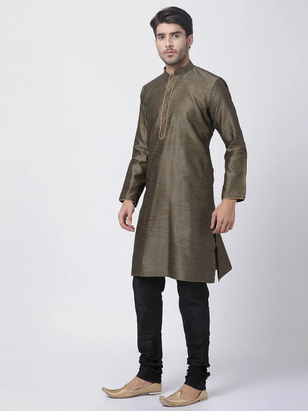 VM By VASTRAMAY Men's Black Cotton Silk Blend Kurta and Pyjama Set