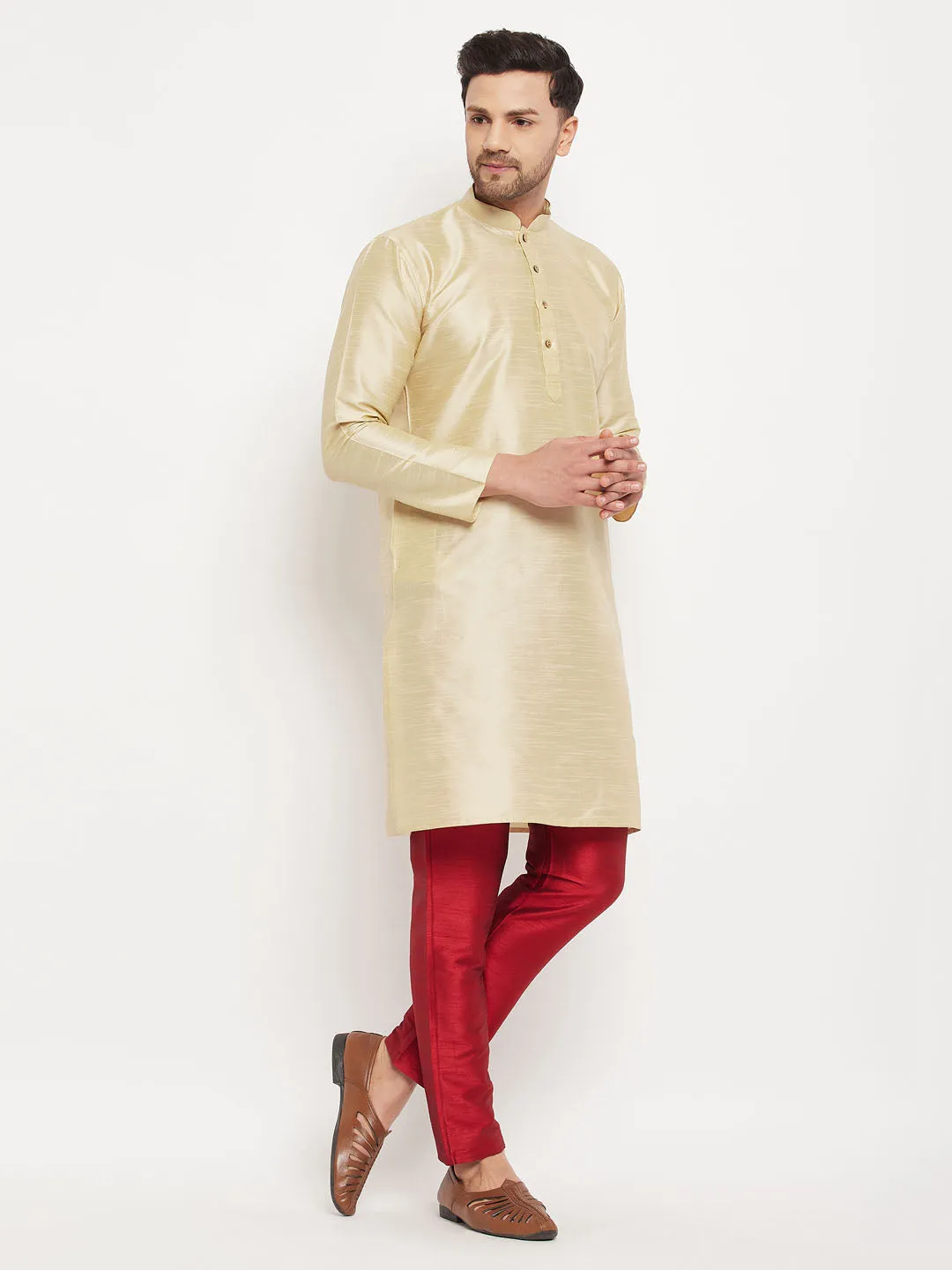 VM BY VASTRAMAY Men's Gold Cotton Silk Blend Kurta and Maroon Pant Style Pyjama Set