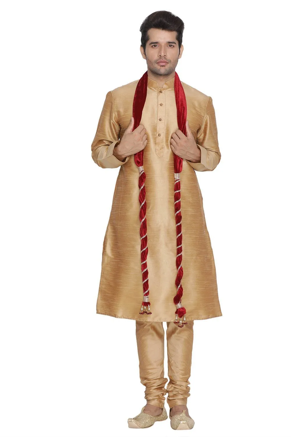 VM By VASTRAMAY Men's Gold Cotton Silk Blend Kurta, Pyjama & Dupatta Set