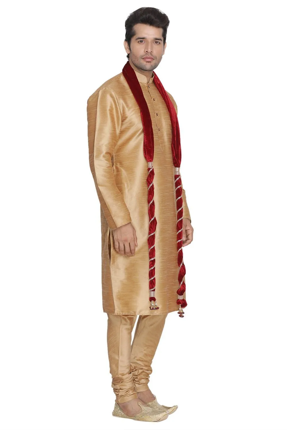 VM By VASTRAMAY Men's Gold Cotton Silk Blend Kurta, Pyjama & Dupatta Set