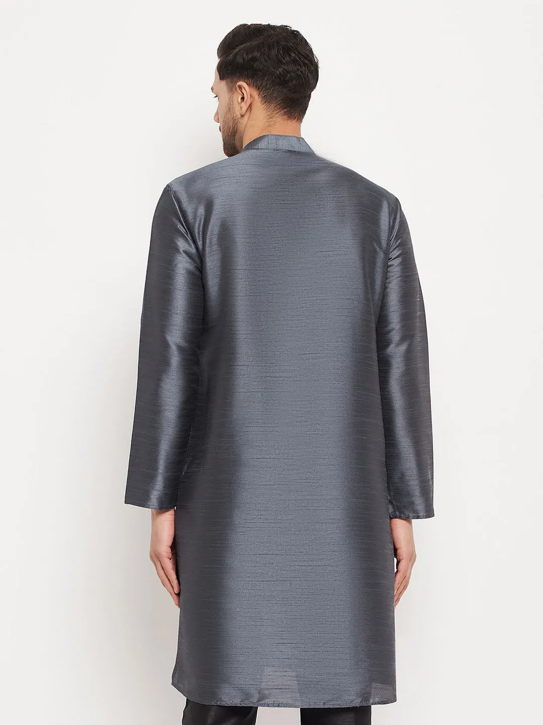 VM BY VASTRAMAY Men's Grey Cotton Silk Blend Kurta