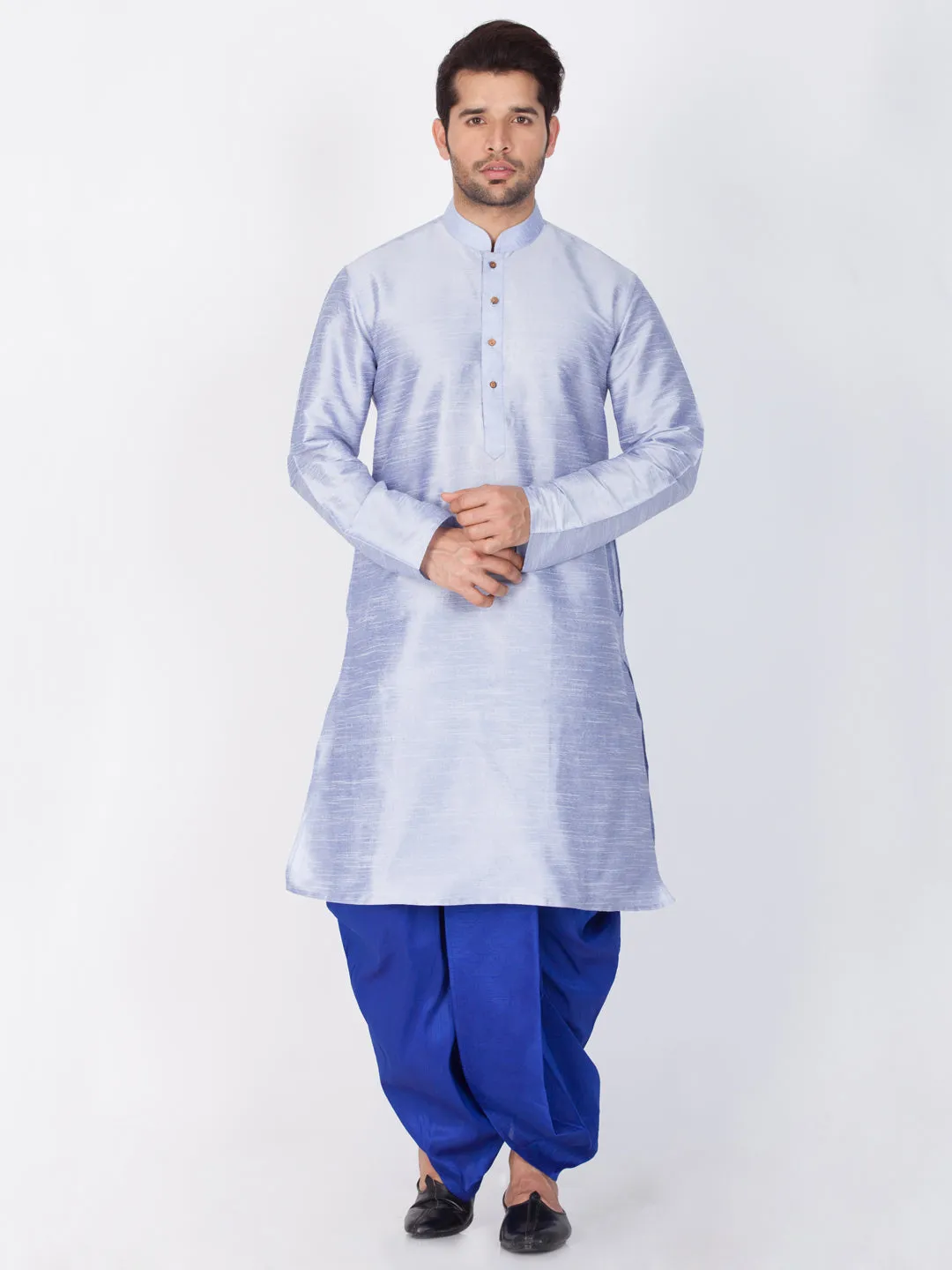 VM BY VASTRAMAY Men's Light Blue Cotton Silk Blend Kurta and Dhoti Pant Set