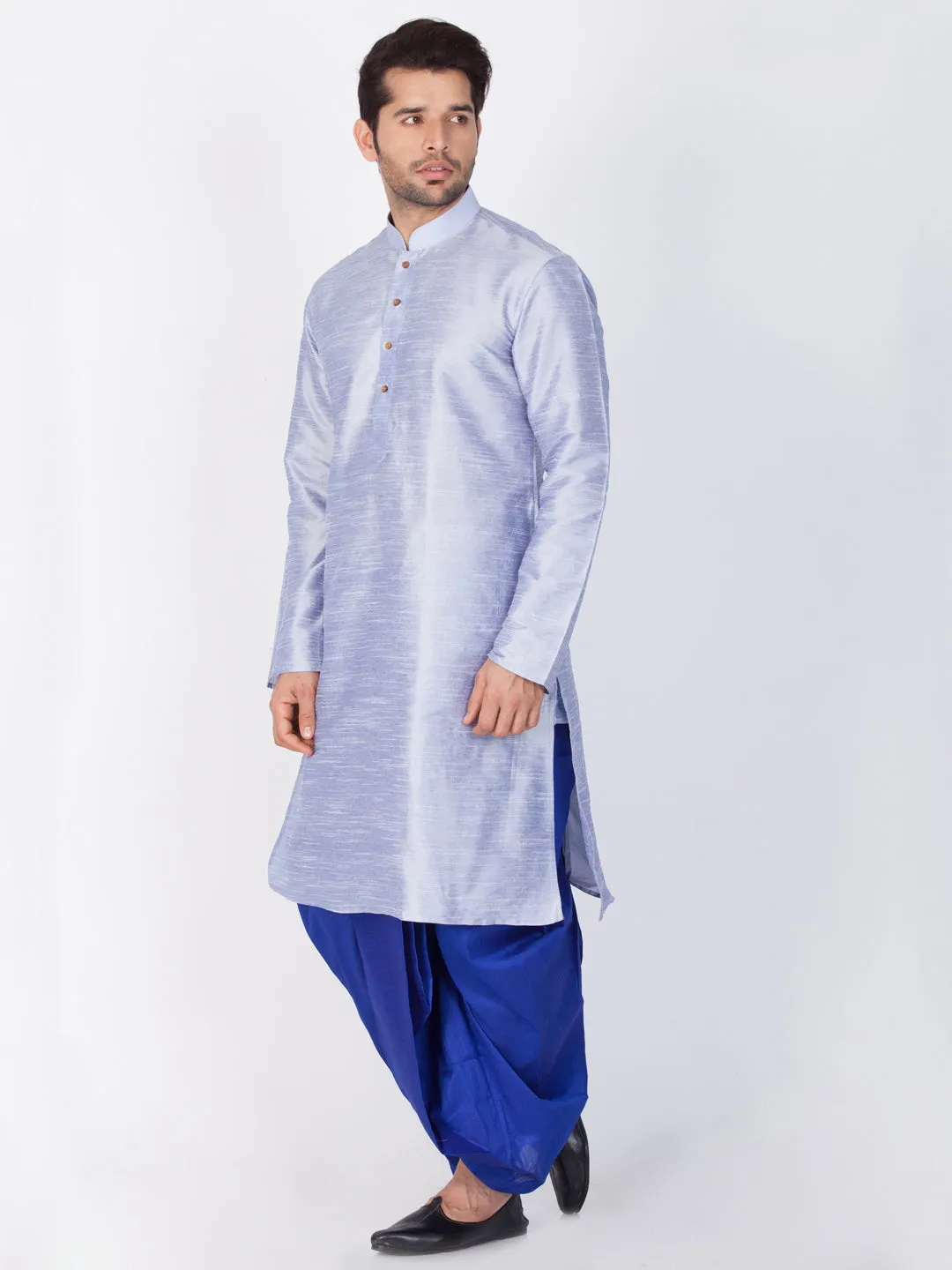 VM BY VASTRAMAY Men's Light Blue Cotton Silk Blend Kurta and Dhoti Pant Set