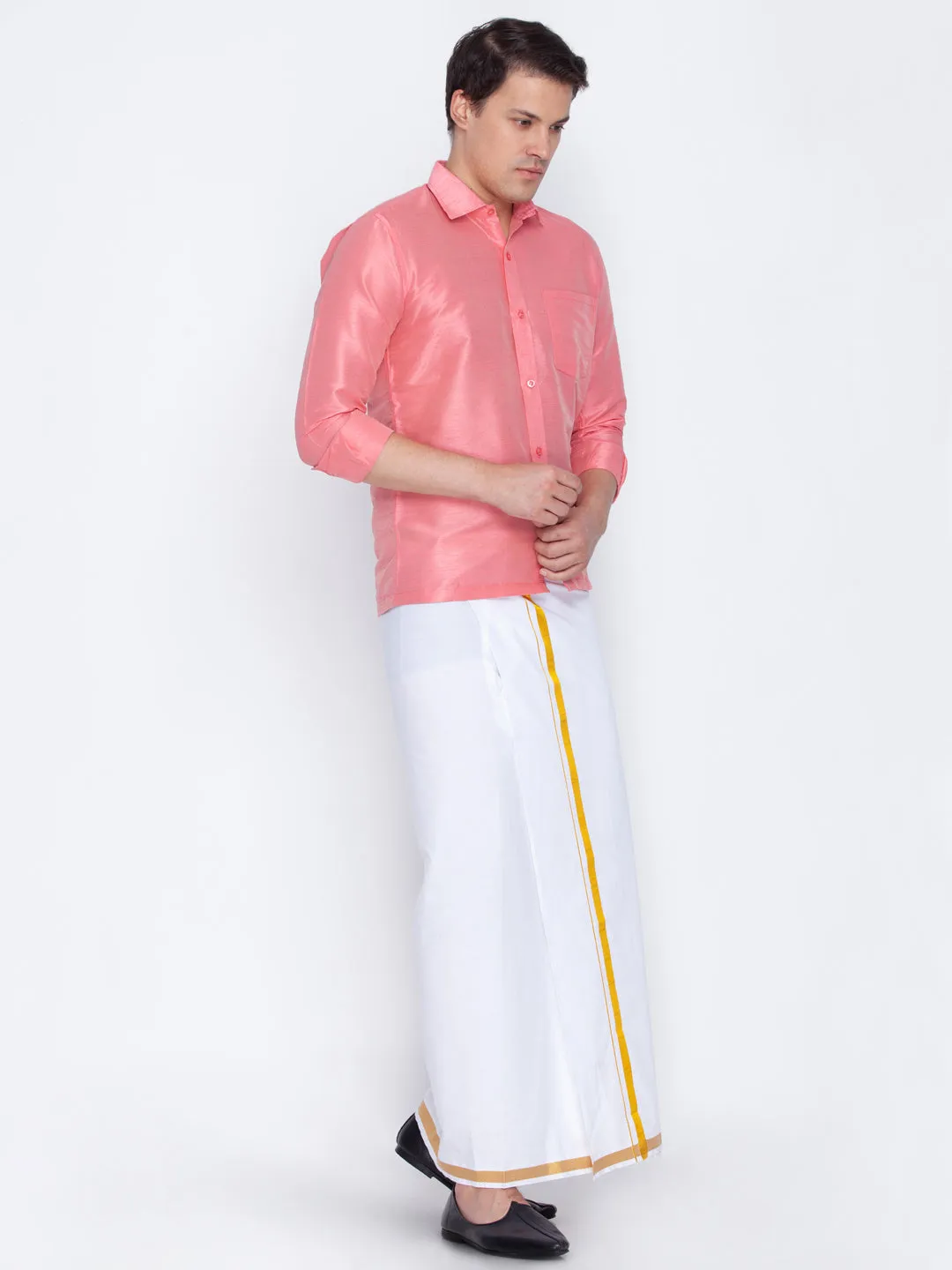 VM By VASTRAMAY Men's Pink Cotton Silk Blend Shirt and Mundu Set