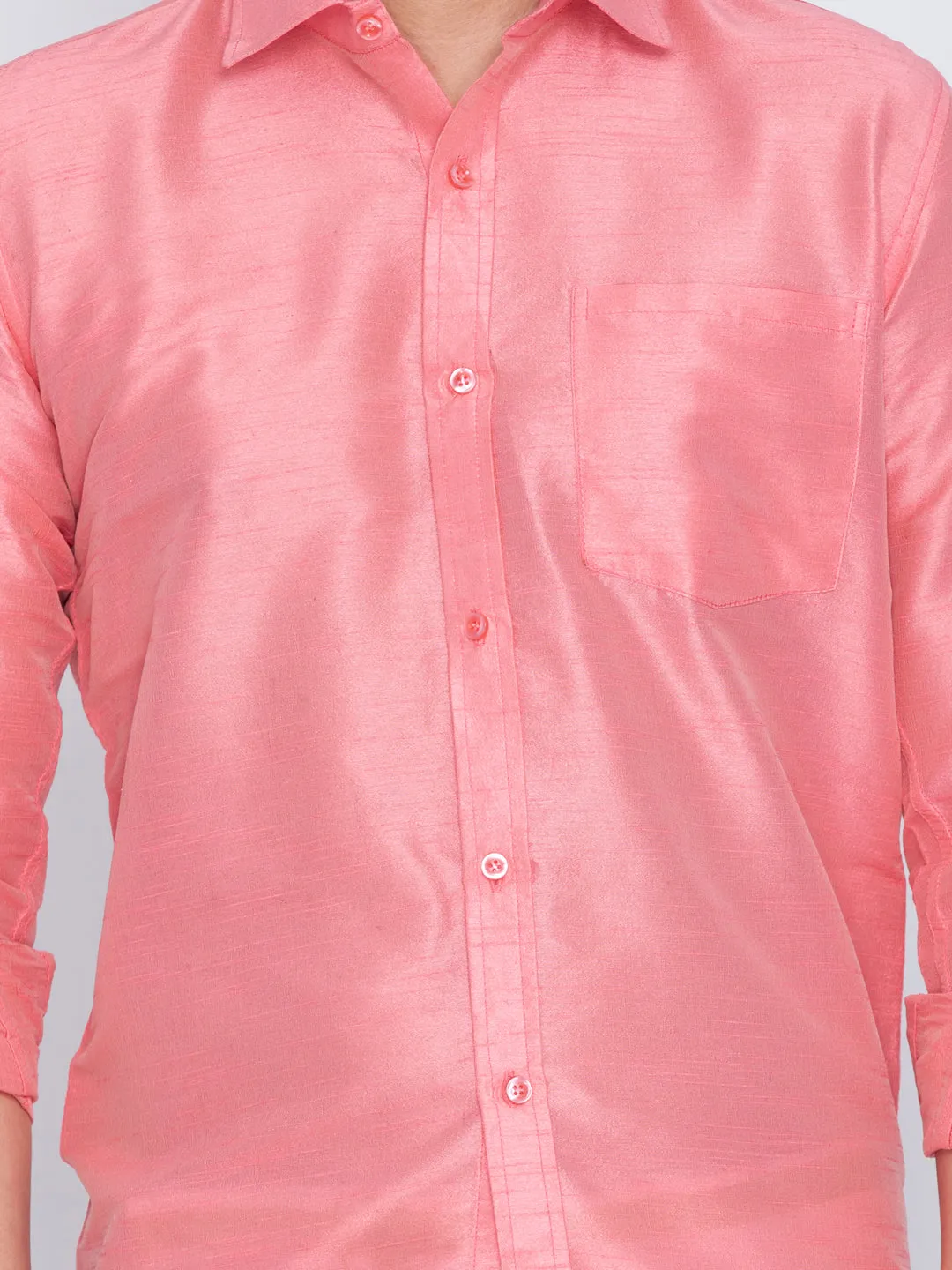 VM By VASTRAMAY Men's Pink Cotton Silk Blend Shirt and Mundu Set