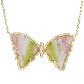 Watermelon Pink White and Green Tourmaline Butterfly Necklace with Diamonds