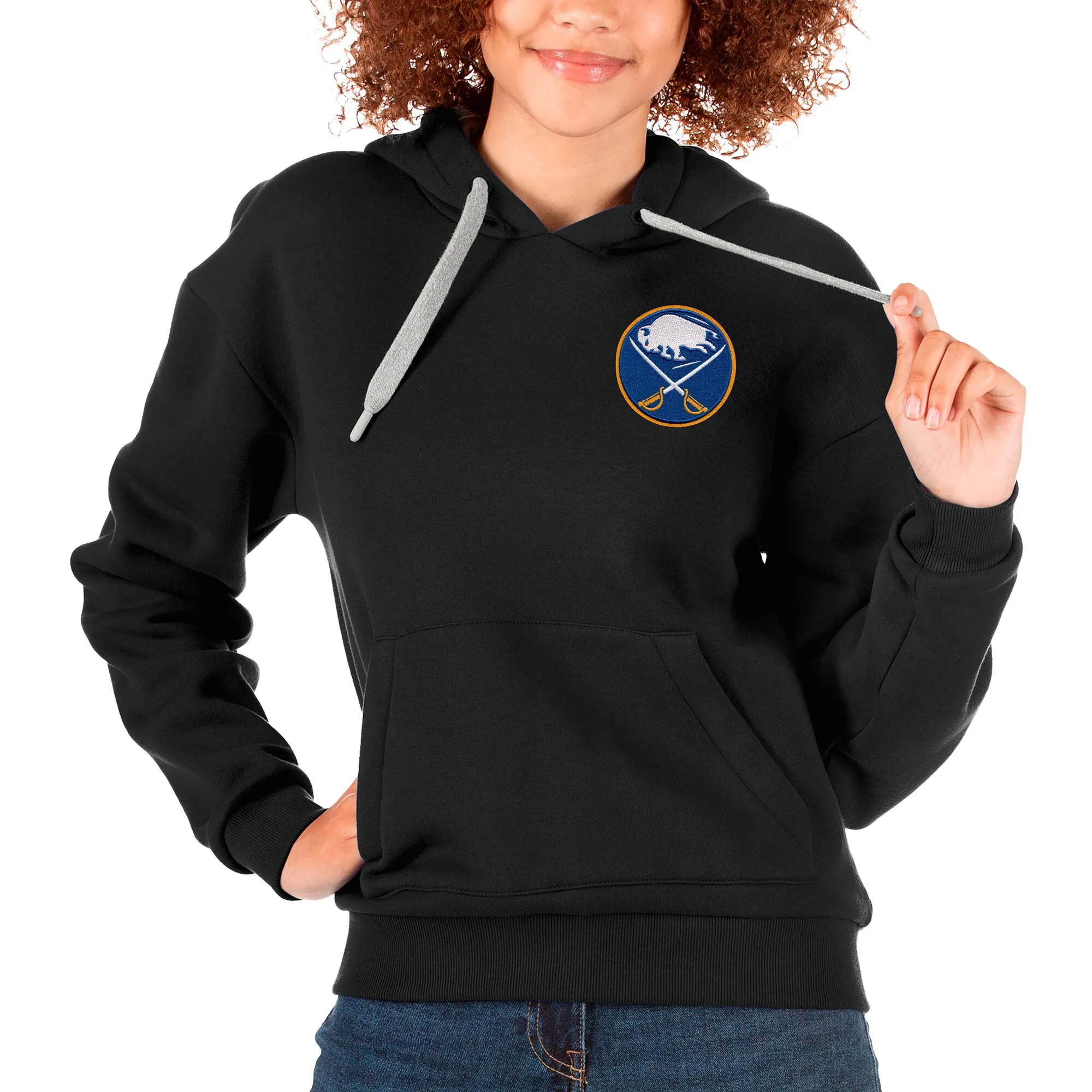 Women's Buffalo Sabres Antigua Black Primary Logo Victory Pullover Hoodie