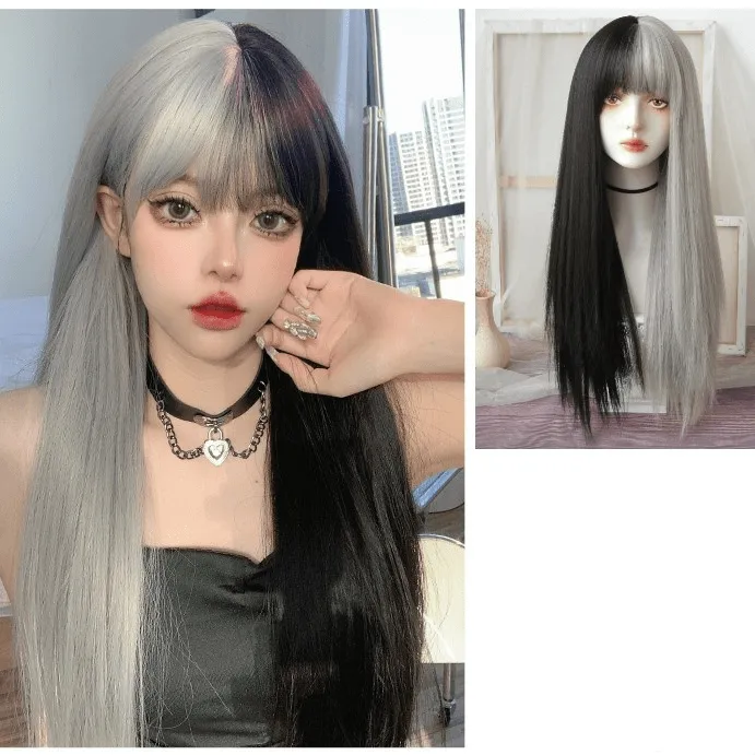 Women's Double Color Straight Long Synthetics Hair Wig